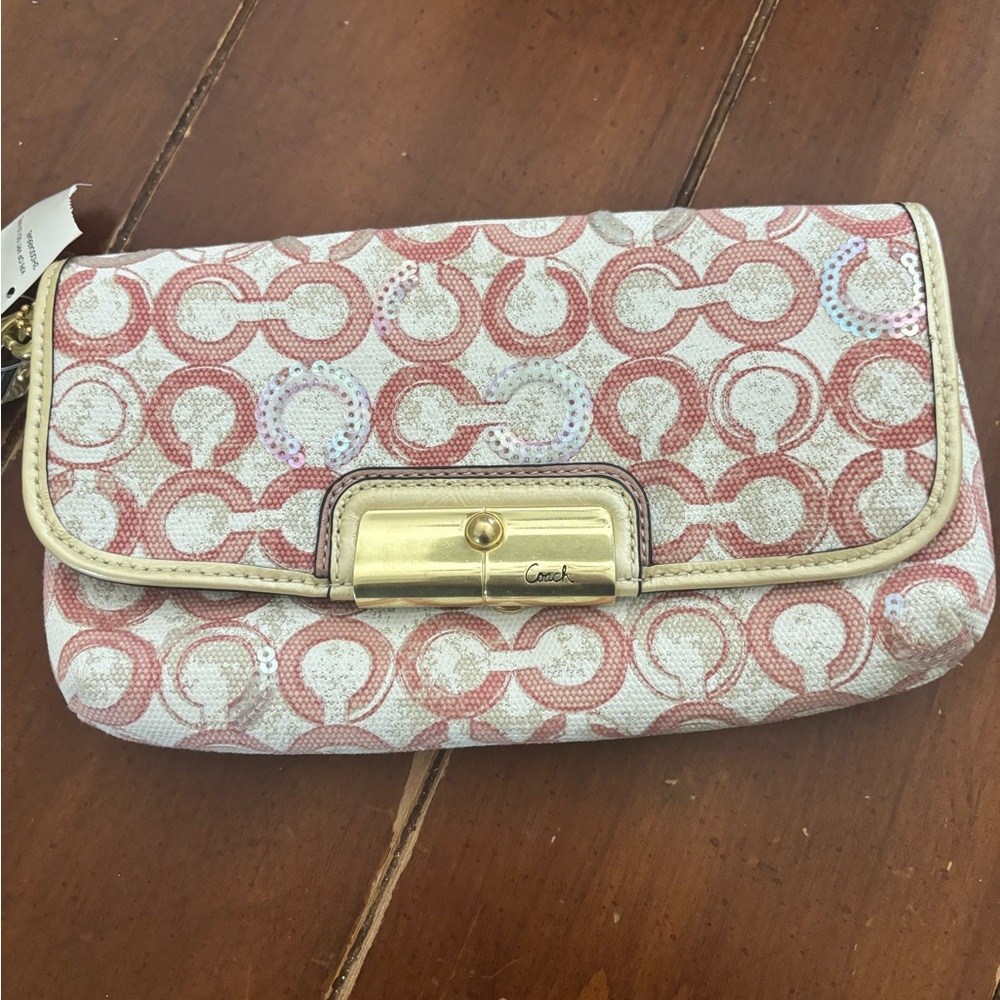 Coach Pink and Gold Vintage Sequined Logo Patterned Wristlet Clutch